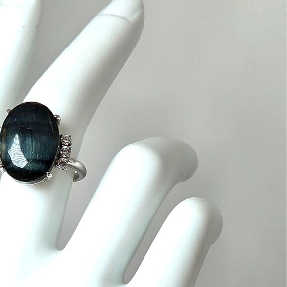 Natural Blue Tiger Eye & CZ 925 Sterling Silver Ring - Picture 8 of 10
